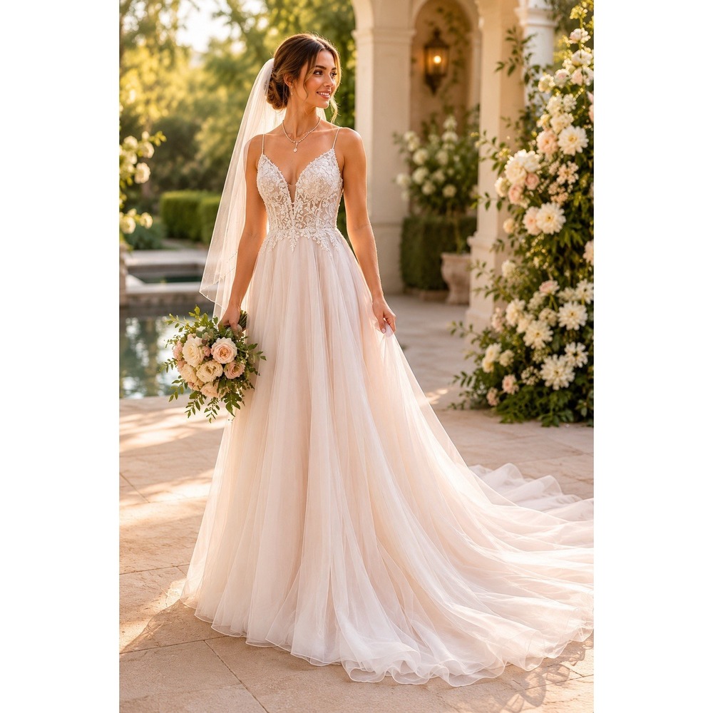 David's Bridal Galina‎ Signature Blush Wedding Dress Gown A-line Beaded Plunge